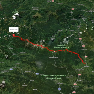 смт. Ясіня, через г. Петрос, г. Говерла, г. Піп Іван Чорногірський до с. Шибене