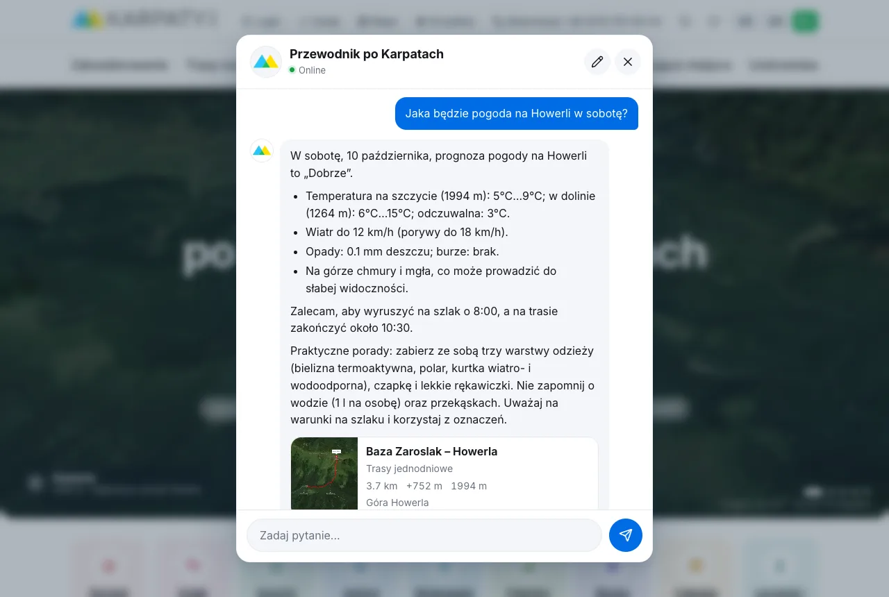 Przewodnik po Karpatach odpowiada na pytanie „Jaka będzie pogoda na Howerli w sobotę?”: ocena Dobrze, temperatura na szczycie i w dolinie, wiatr i mgła