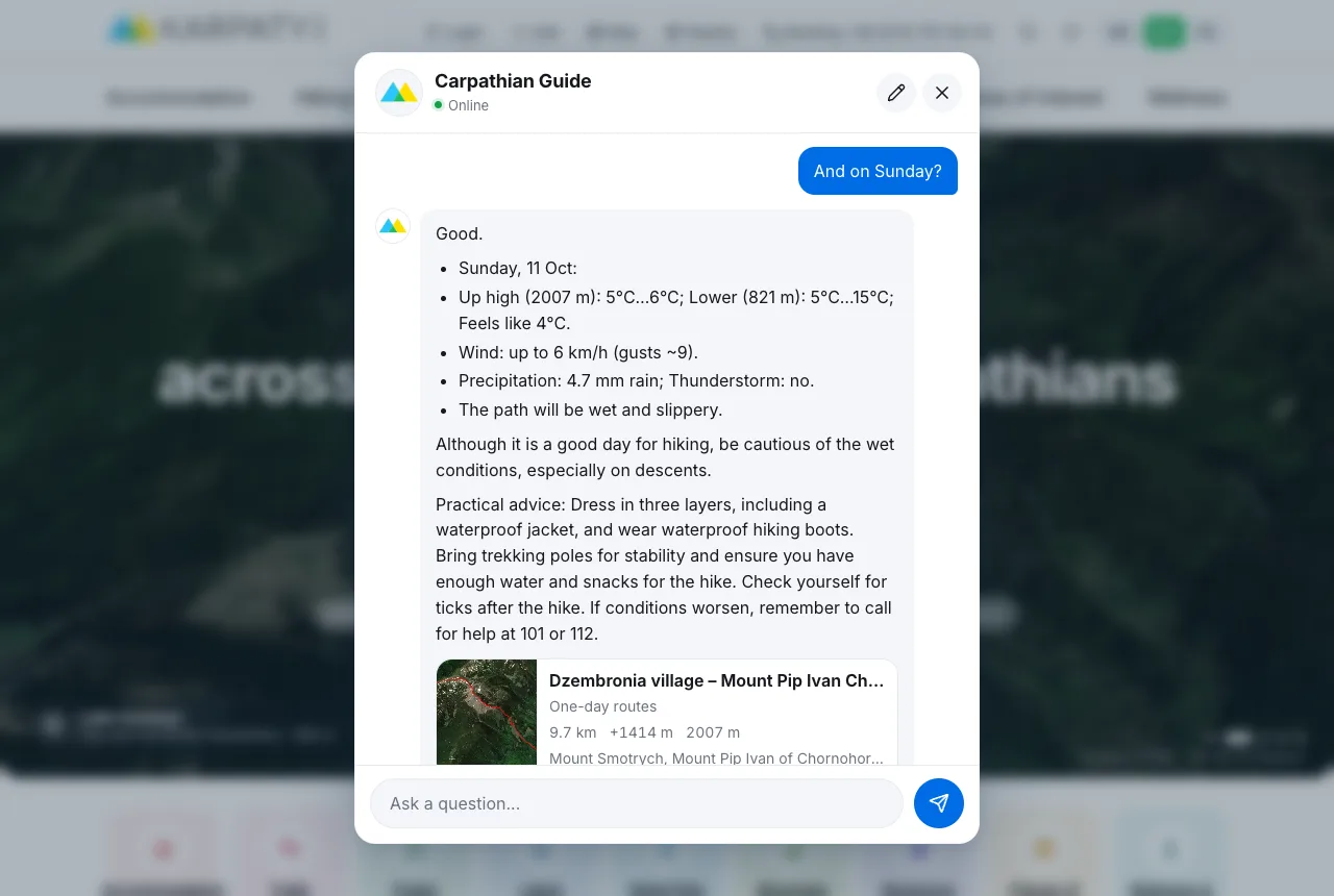 The follow-up “And on Sunday?” after a question about Pip Ivan: the guide answers for Sunday and shows trails to Pip Ivan