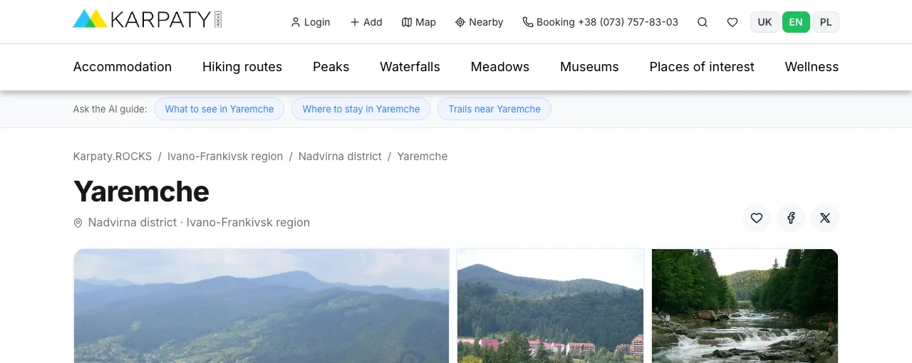 The “Ask the AI guide:” line on the Yaremche page with three ready questions
