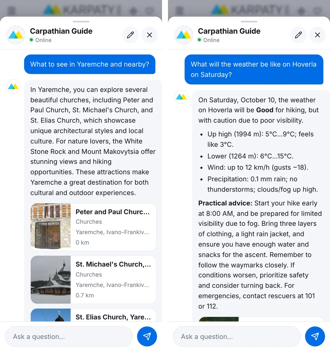The Carpathian Guide on a phone: what to see in Yaremche with church cards, and the Saturday forecast for Hoverla