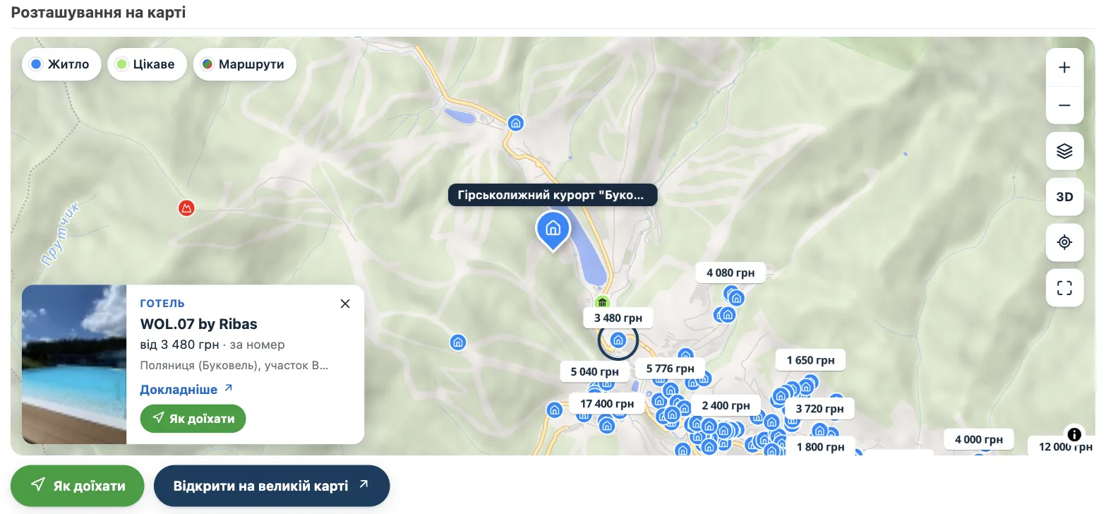 Карта Буковеля на Karpaty.rocks: житло з цінами і картка готелю з кнопкою «Як доїхати»