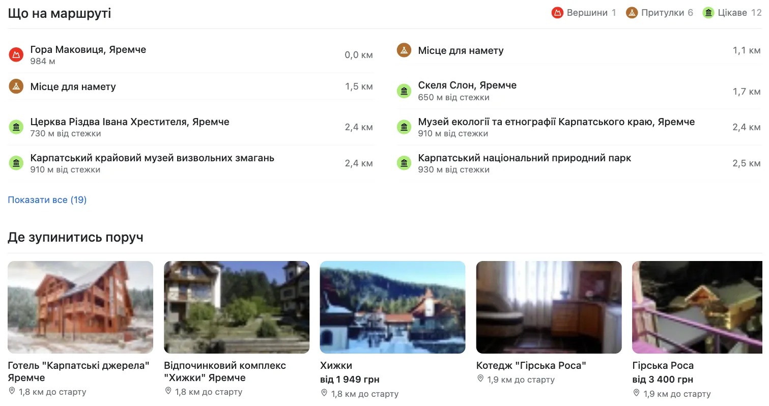 Блок «Що на маршруті» з кілометражем і житло біля старту маршруту