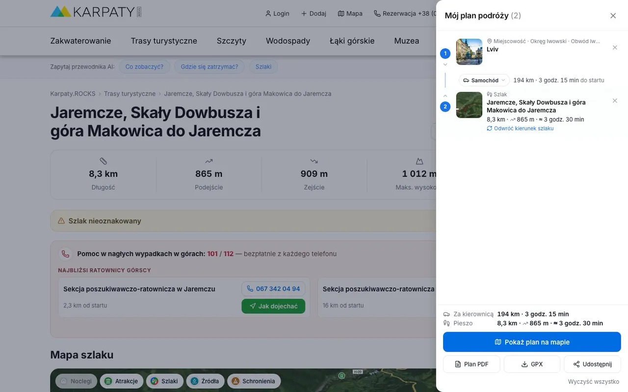 Strona szlaku na Makowicę i panel planu: Lwów, 194 km samochodem do startu, szlak 8,3 km