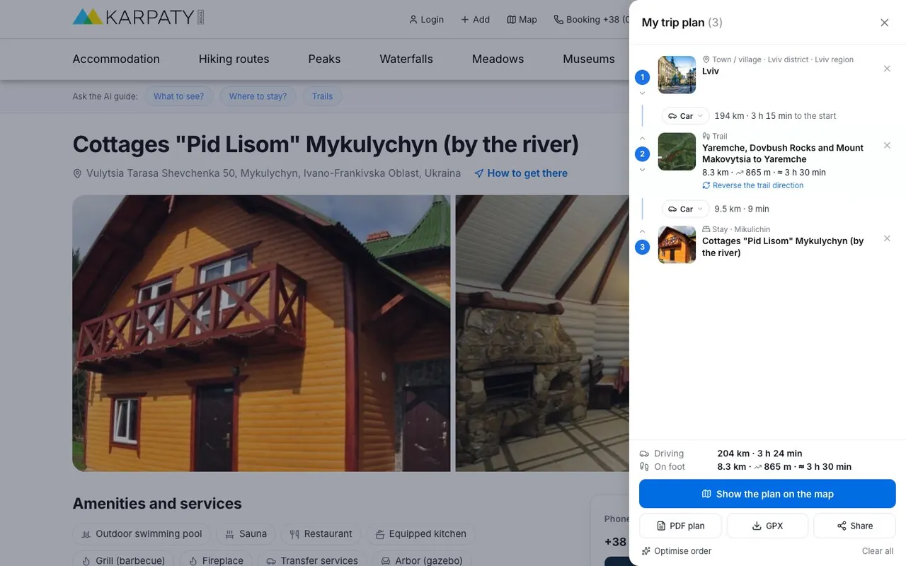 The Pid Lisom cottages page in Mykulychyn, added to the plan as the third stop