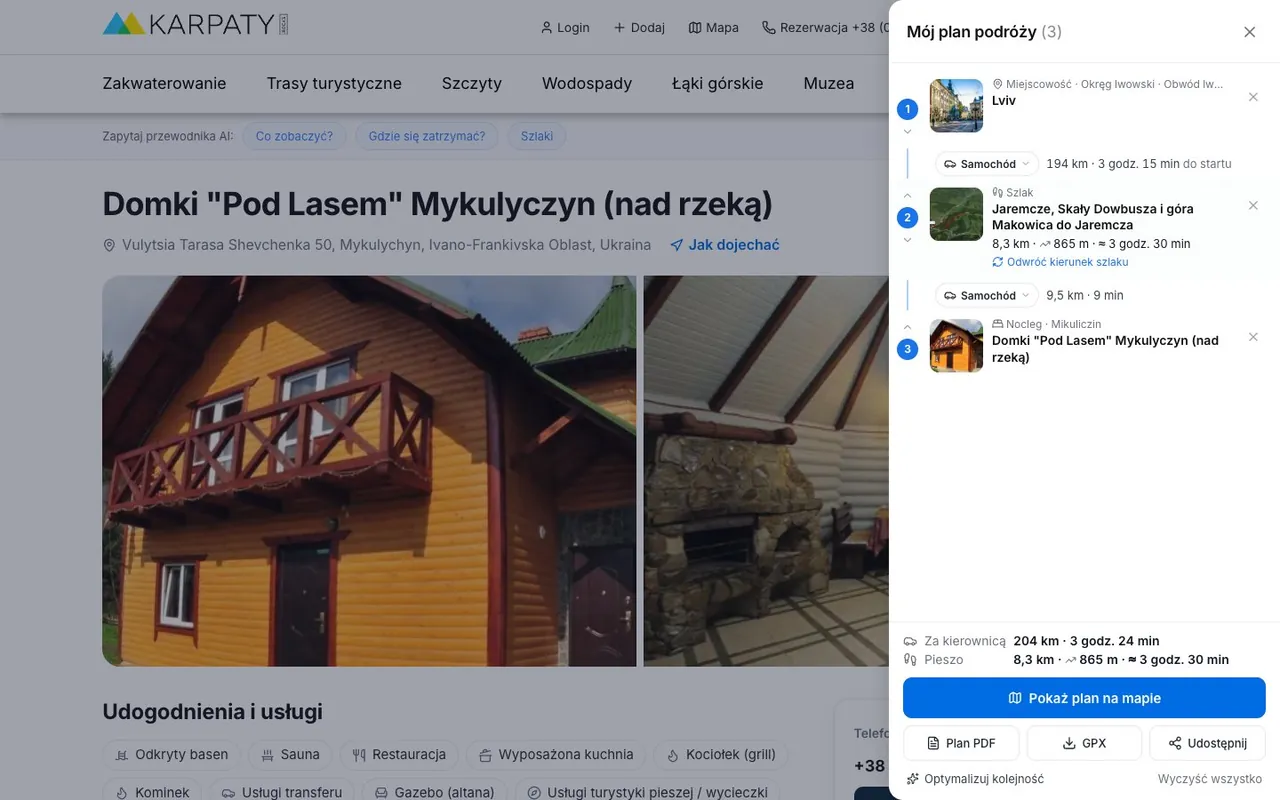 Strona domków «Pod Lasem» w Mykułyczynie, dodanych do planu jako trzeci przystanek