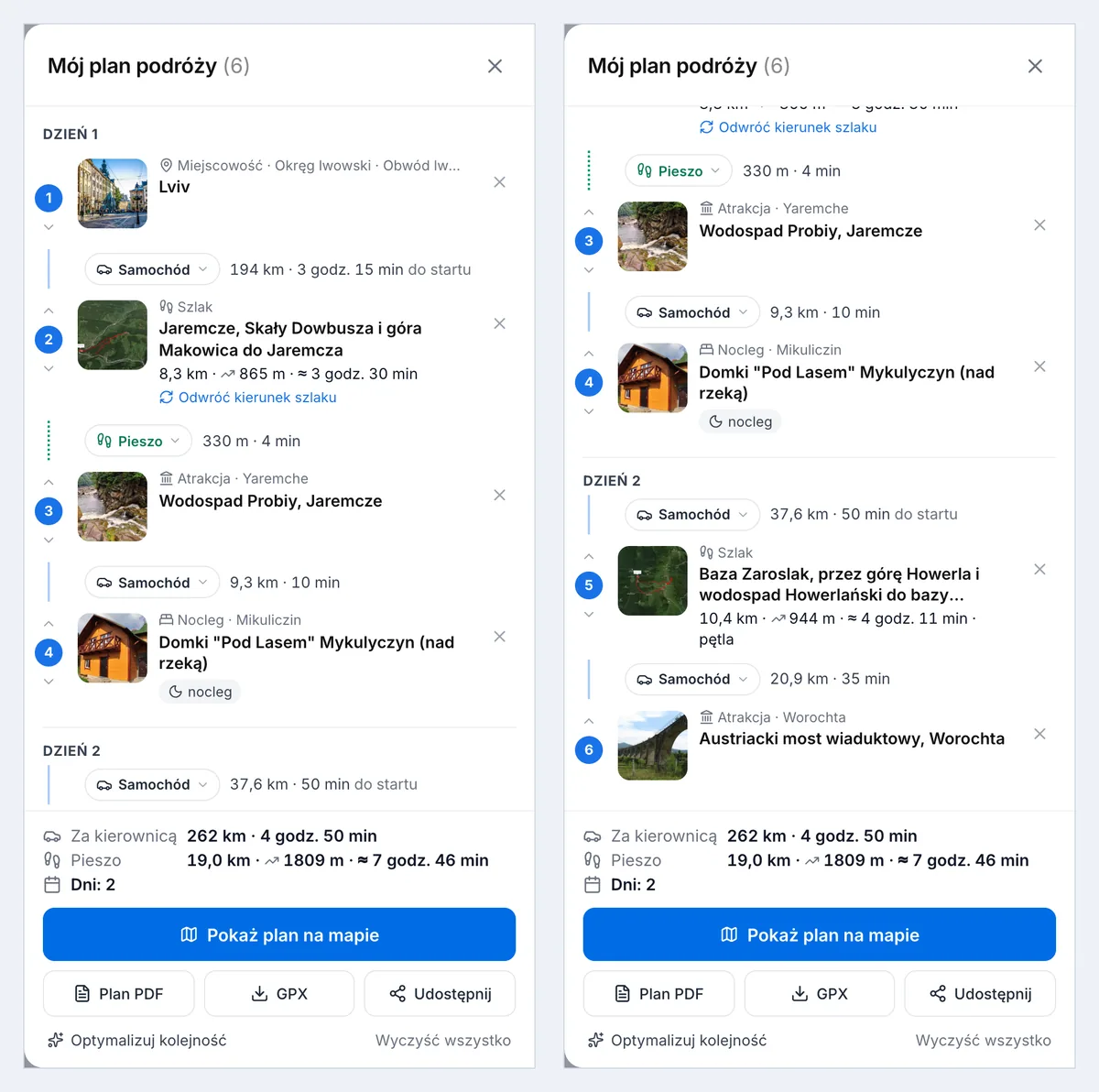 Dwudniowy plan podróży: dzień 1 Lwów, Makowica, Probij, nocleg w Mykułyczynie; dzień 2 Howerla i wiadukt w Worochcie