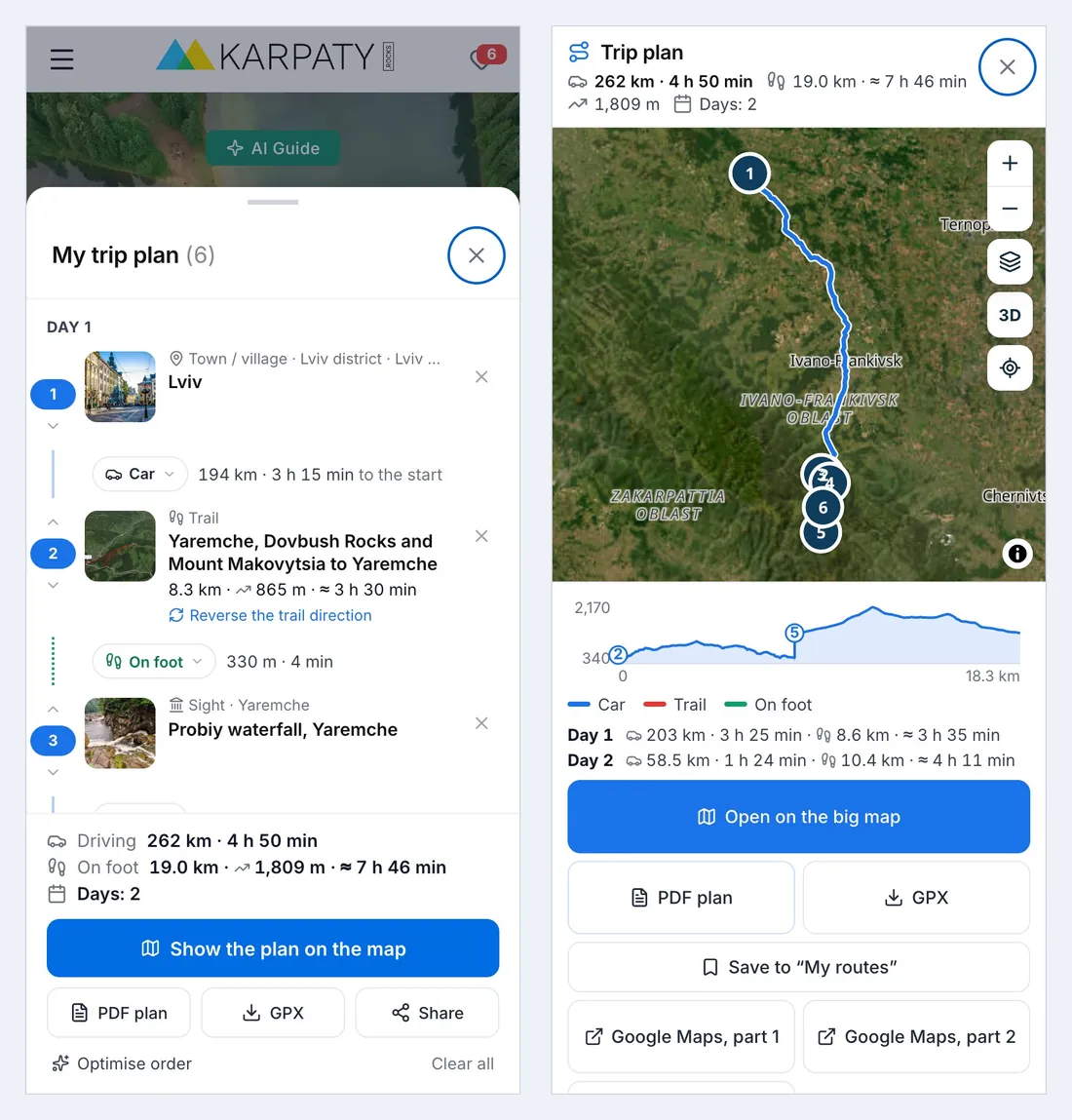 The trip planner on a phone: the plan with days and the plan on the map with an elevation profile