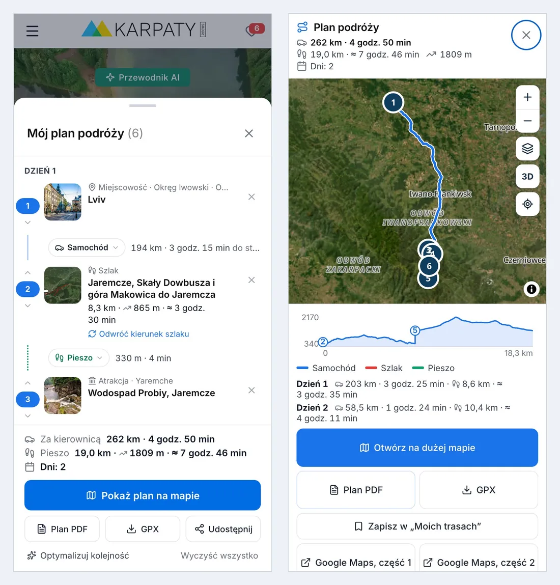 Planer podróży na telefonie: plan z dniami i plan na mapie z profilem wysokości