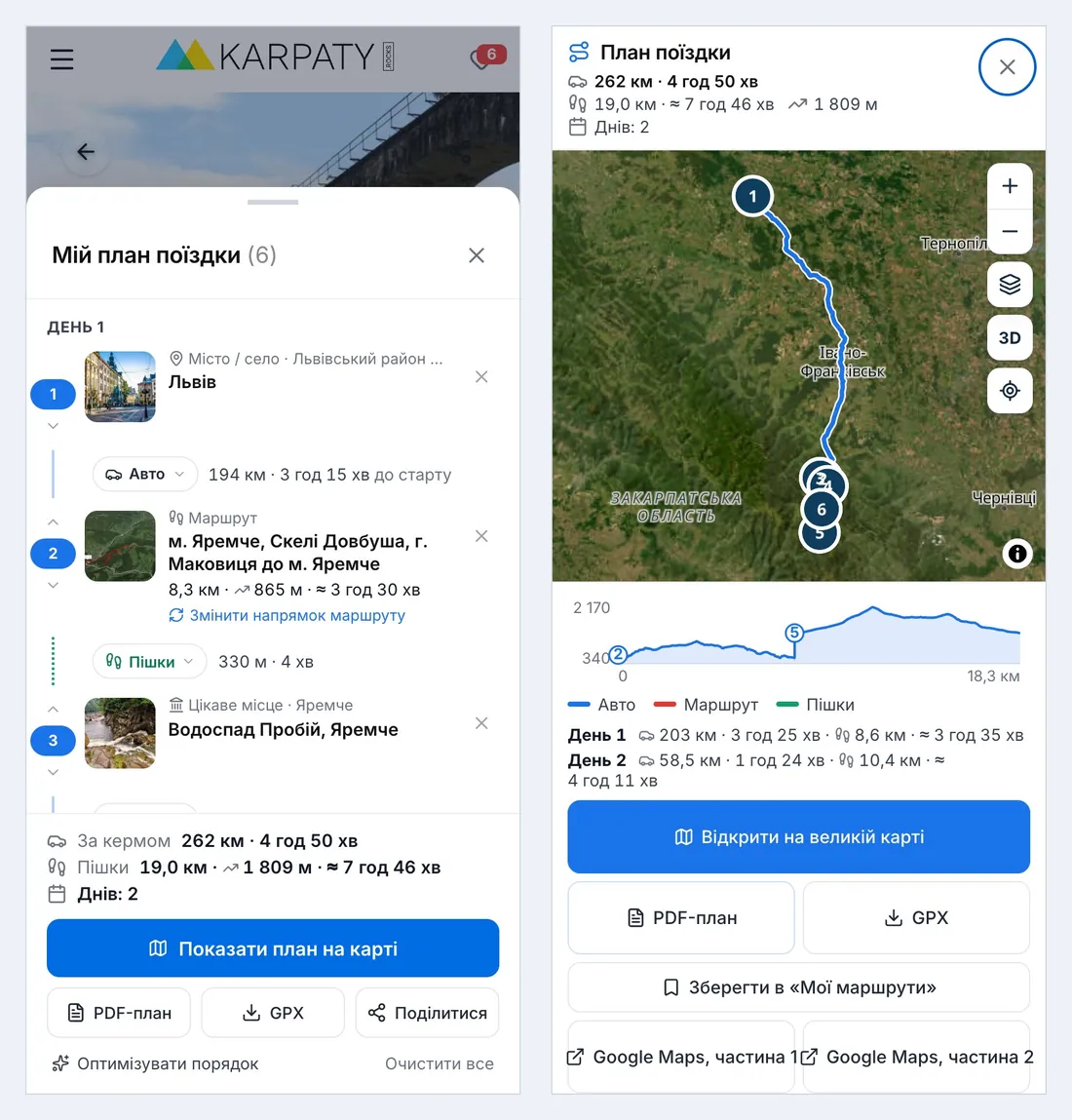 Планувальник поїздки на телефоні: план із днями і план на карті з профілем висот