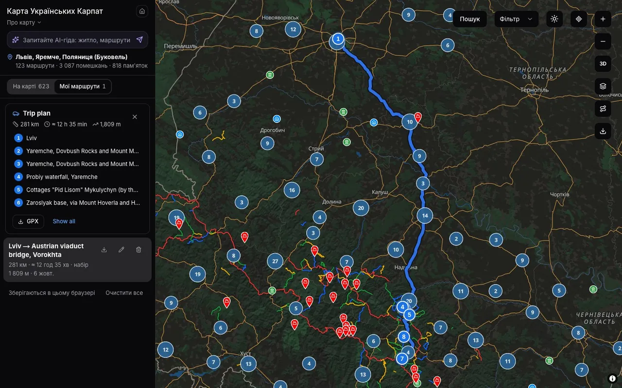 The trip plan on the big Carpathian map: eight route points and the saved Lviv to Vorokhta route