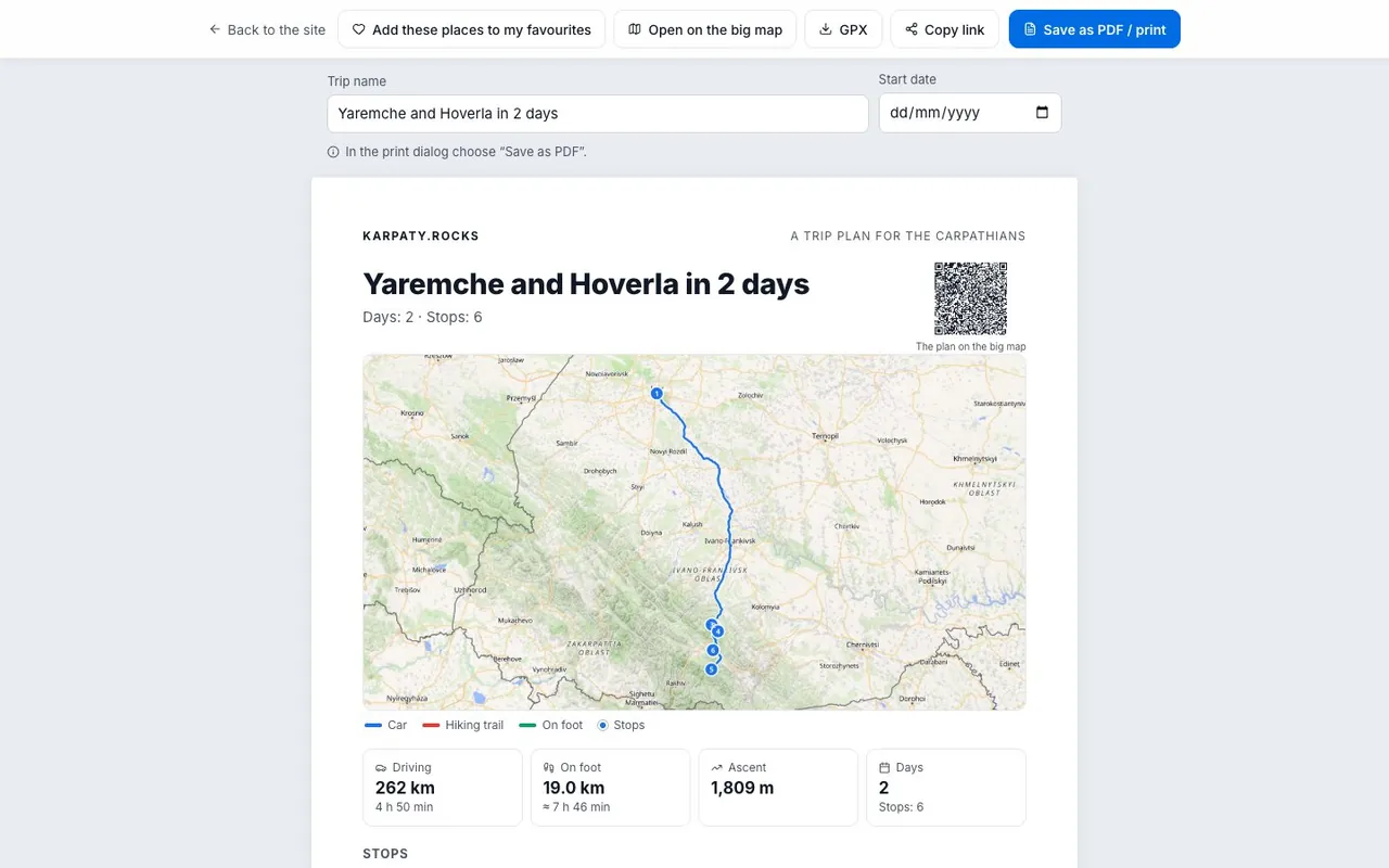 The shared trip plan page: «Add these places to my favourites», GPX, PDF and big map buttons