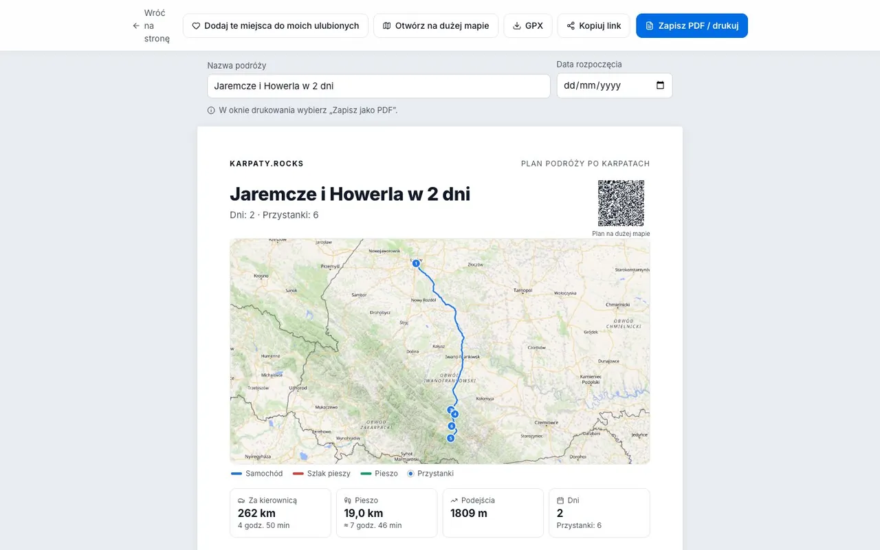 Strona udostępnionego planu podróży: przyciski «Dodaj te miejsca do moich ulubionych», GPX, PDF i duża mapa