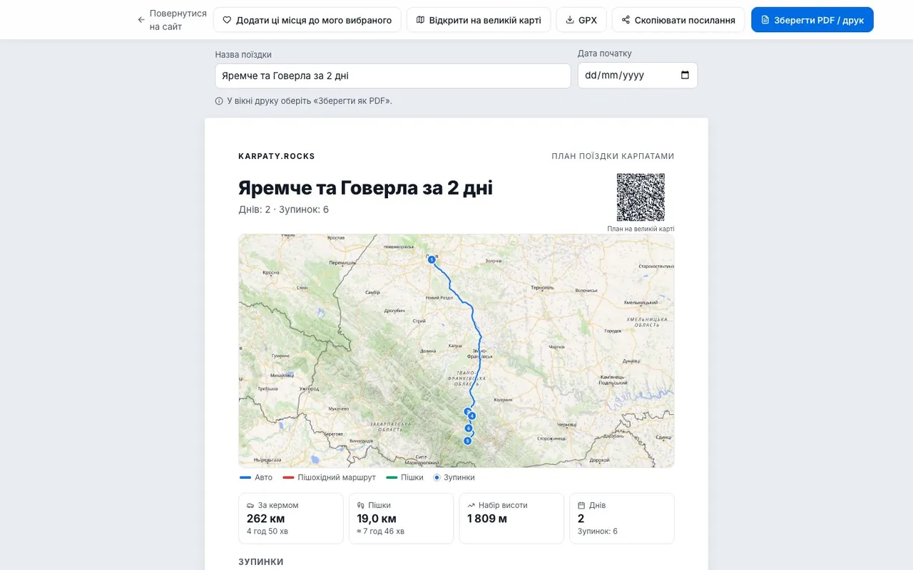 Сторінка спільного плану поїздки: кнопки «Додати ці місця до мого вибраного», GPX, PDF і велика карта