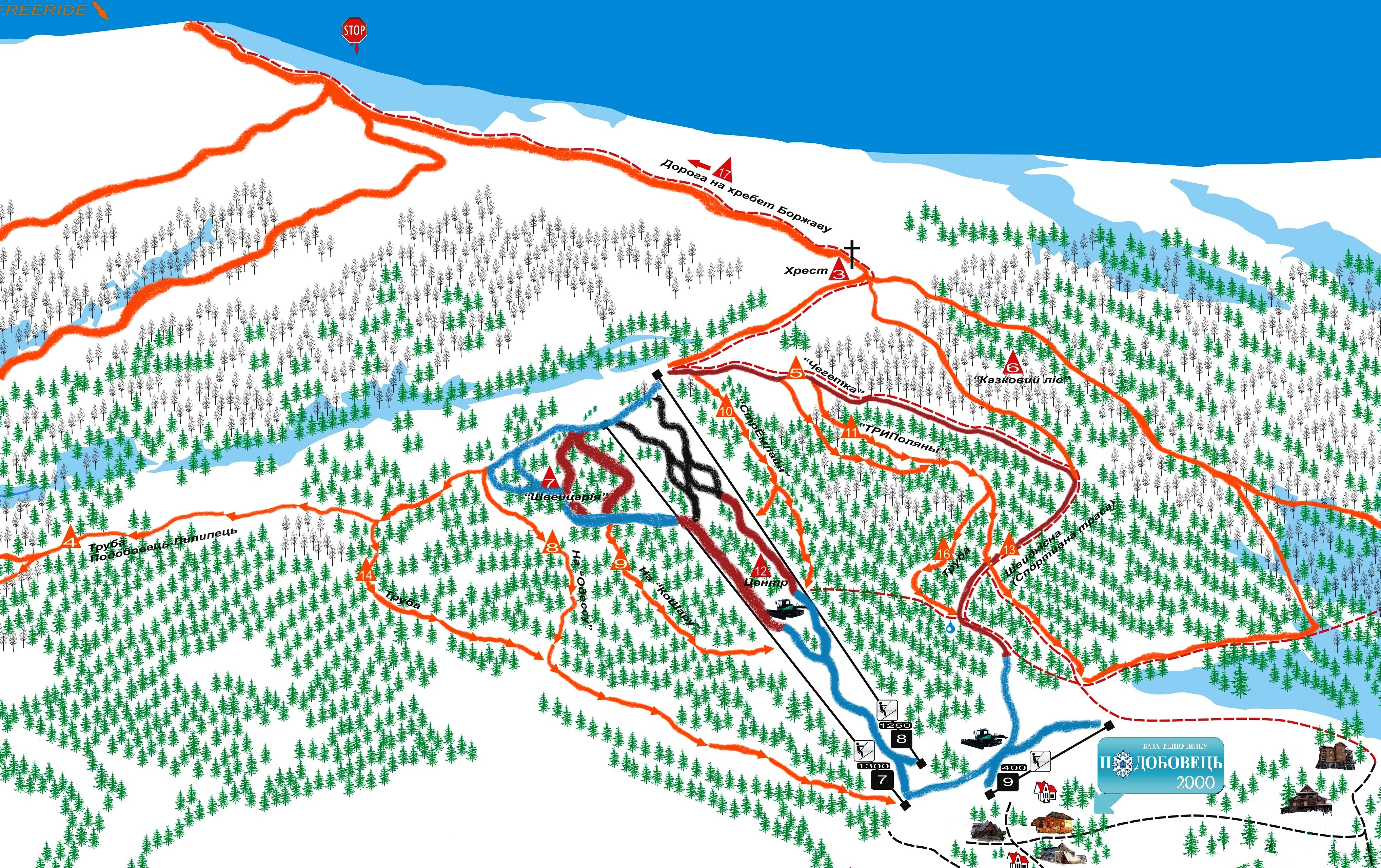 Схема витягів і траси на курорті Подобовець