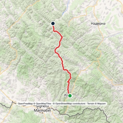 Rakhiv, via the Svydovets ridge, the Bratkivskyi ridge, the Syvulianskyi ridge and the Ihrovyshche ridge to Osmoloda village