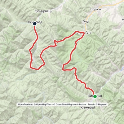 Bystrytsia village, via Mount Boiaryn, Mount Syvulia, Stara Huta village, Mount Vysoka, Mount Ihrovets and Osmoloda village to Kuzmynets village