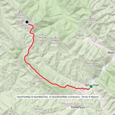Bystrytsia village, via Mount Tavpysh to Mount Velyka Syvulia