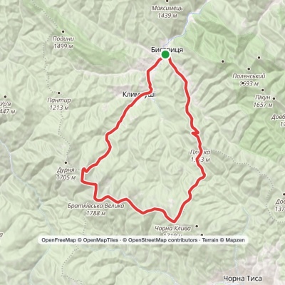 Bystrytsia village, via Klympushi village, Mount Hropa, Mount Bratkivska, Mount Ruska and Mount Chorna Kleva to Bystrytsia village