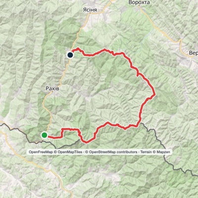 Dilove village, via Mount Pip Ivan Marmaroskyi, Mount Pip Ivan Chornohirskyi, Mount Hoverla and Mount Petros to Kvasy village