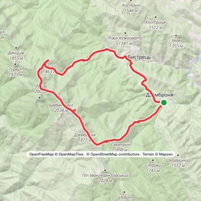 Dzembronia village, via Mount Smotrych, Mount Dzembronia, Mount Shpytsi and the Pid Haiem tract to Dzembronia village