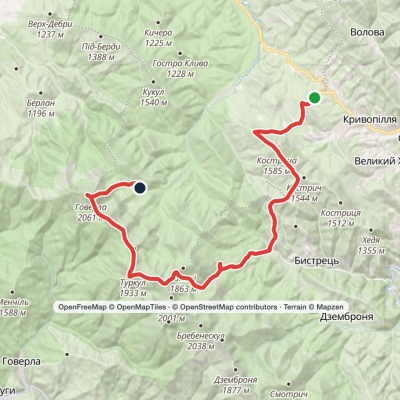 Kryvopillia village, via Mount Shpytsi and Mount Hoverla to Zaroslyak base