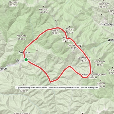 Luhy village, via Mount Pip Ivan Chornohirskyi, Mount Dzembronia, Mount Brebeneskul and Lake Nesamovyte to Hoverla village