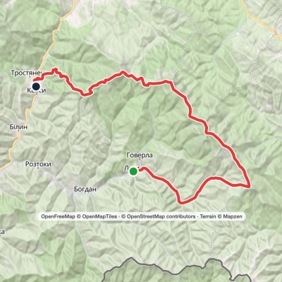 Luhy village, via Mount Pip Ivan Chornohirskyi, Mount Hoverla, Mount Petros and Mount Sheshul to Kvasy village