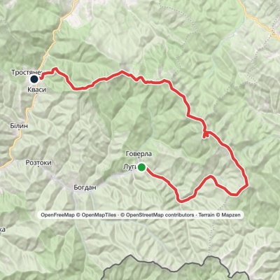 Luhy village, via Mount Pip Ivan Chornohirskyi, Mount Rebra, Mount Hoverla, Mount Petros and Mount Sheshul to Kvasy village