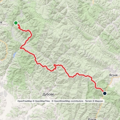 Synevyr village, via Mount Nehrovets, Mereshor village, Krasna ridge, Ust-Chorna village and Svydovets ridge to Kvasy village