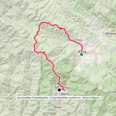 Yasinia, via Mount Bratkivska, Mount Troiaska and Mount Blyznytsia to Kvasy village