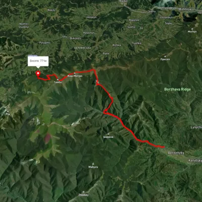 Berezniky village, via Mount Hrab, Mount Zhyd-Mahura and Mount Hemba to Shypit Waterfall