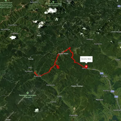 Bystrytsia village, via Mount Syvulia, Mount Lopushna and Mount Borevka to Stara Huta village