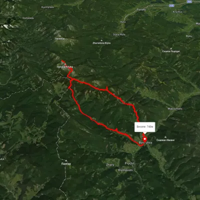 Bystrytsia village, via Peklo tract, Mount Mala Syvulia, Mount Velyka Syvulia and Rushchyna polonyna to Bystrytsia village