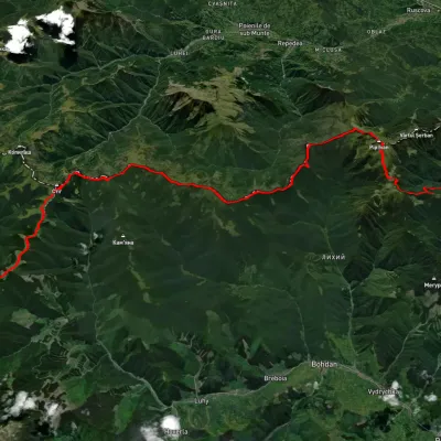 Dilove village, via Mount Pip Ivan Marmaroskyi, Mount Mika-Mare, Mount Stih and Mount Pip Ivan Chornohirskyi to Shybene village