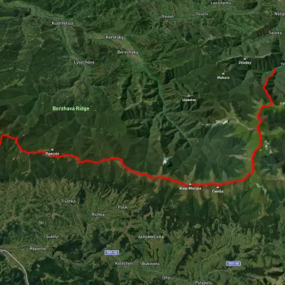 Vovchyi village, via Mount Stiy, Mount Hemba, Mount Zhyd-Mahura and Pryslip Pass to Mizhhiria