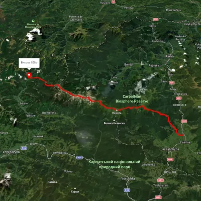 смт. Ясіня, через г. Петрос, г. Говерла, г. Піп Іван Чорногірський до с. Шибене