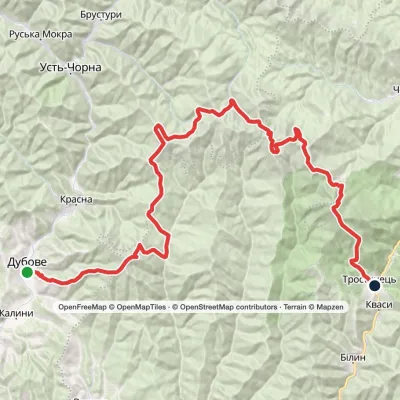 Dubove village, via Mount Apetska, Mount Dohiaska, Mount Stih and Mount Blyznytsia to Kvasy village