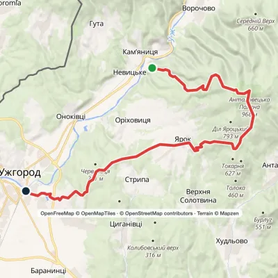 Kamianytsia village, via Antalovetska Poliana and Yarok village to Uzhhorod