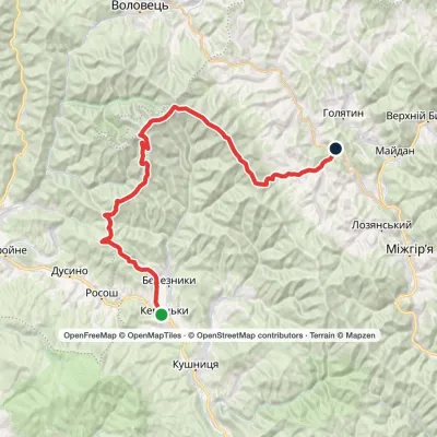 Kerechky village, via Mount Stiy, Mount Velykyi Verkh, Mount Hemba and Mount Zhyd-Mahura to Rychka village