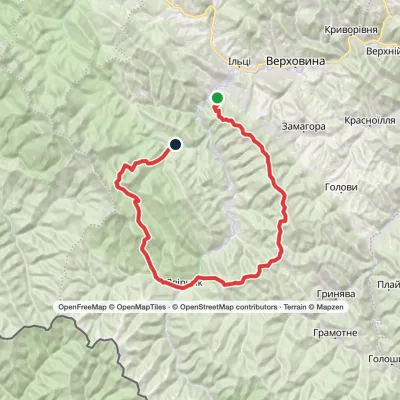Krasnyk village, via Mount Krynta, Mount Zmiinska, Shybene village, Vesnarka polonyna and Lake Maricheika to Dzembronia village