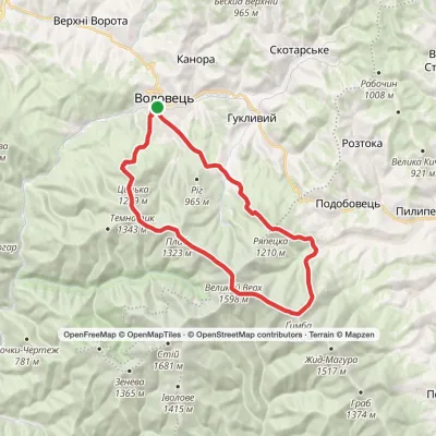 Wołowiec, przez górę Płaj, górę Wełykyj Werch, górę Hemba i wodospad Szypit do Wołowca