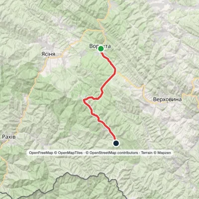 Worochta, przez bazę Zaroslak, górę Howerla, jezioro Nesamowyte i górę Dzembronia do góry Pip Iwan Czarnohorski