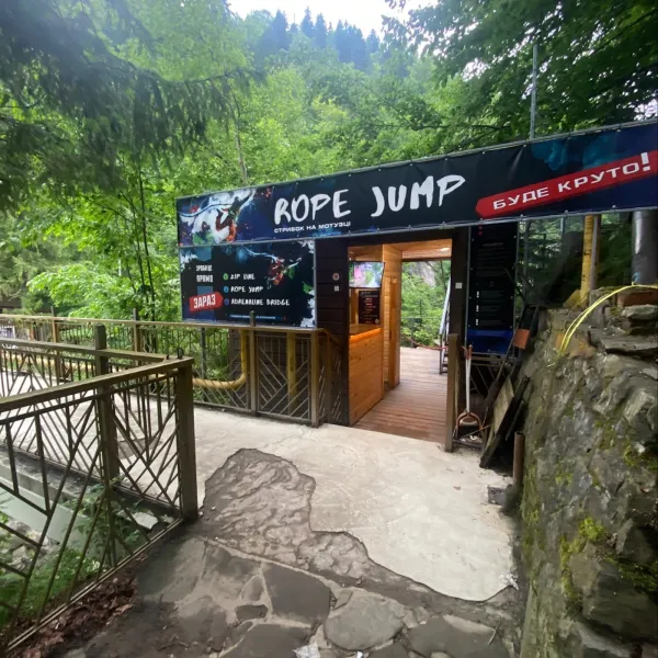 Rope jumping at Probiy waterfall, Yaremche