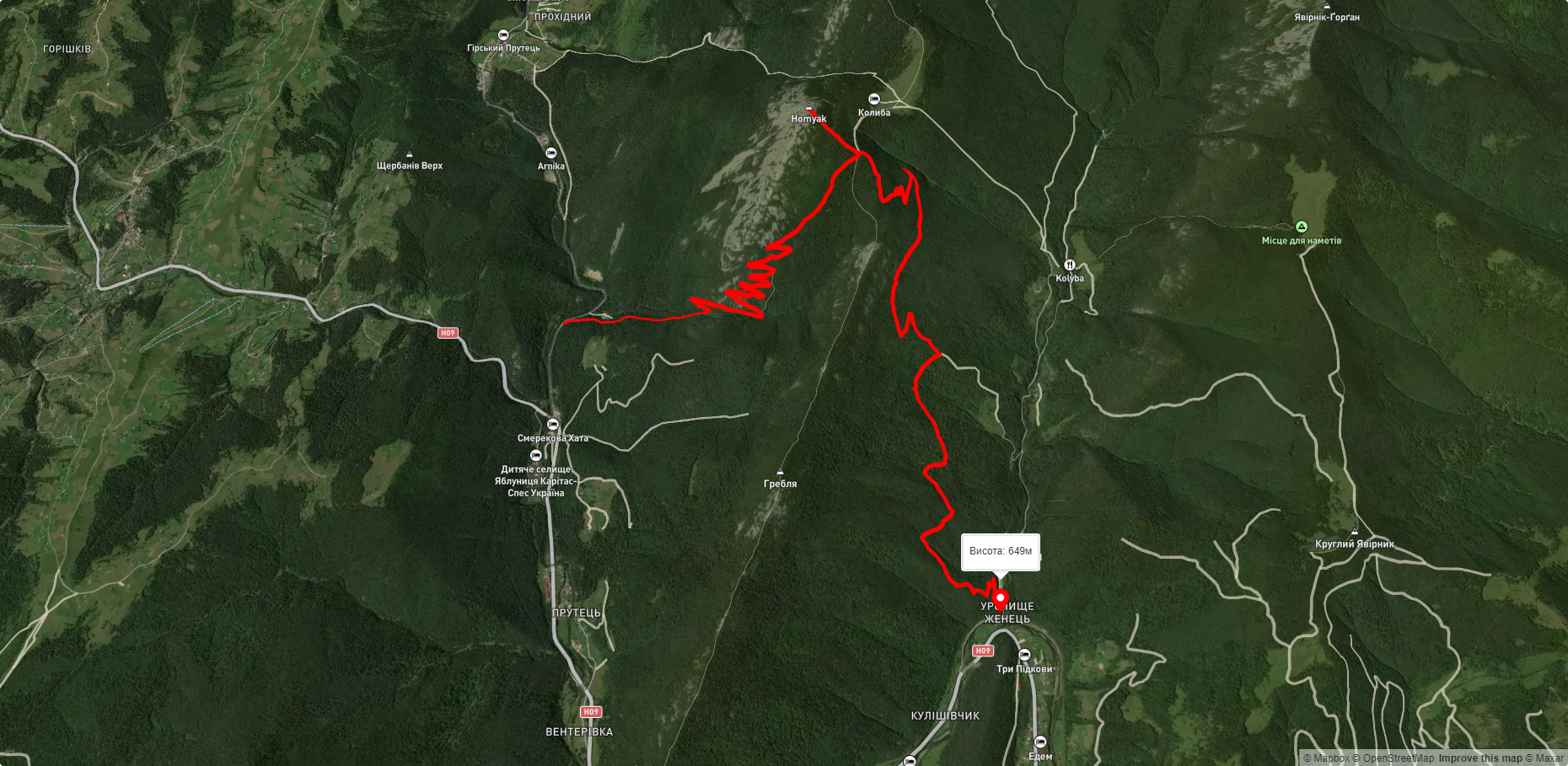 c. Поляница, через г. Хом’як до ур. Женець (с. Микуличин)