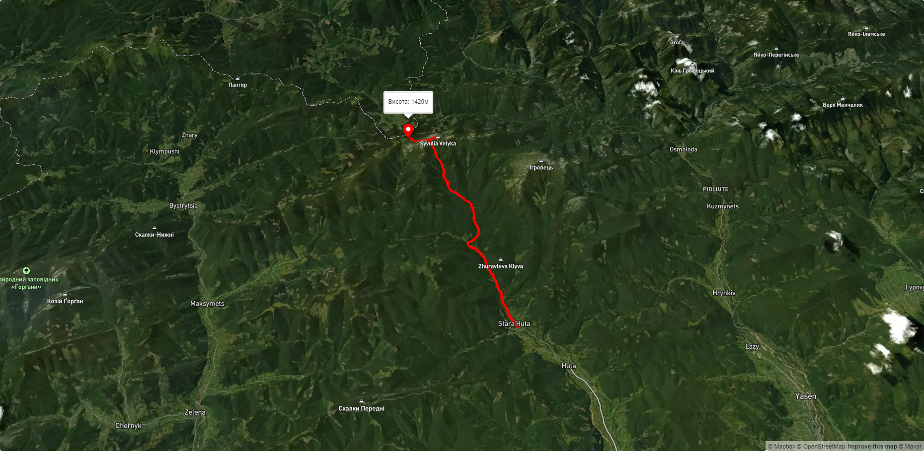 c. Стара Гута, через пер. Водоспадний, г. Велика Сивуля до пол. Рущина