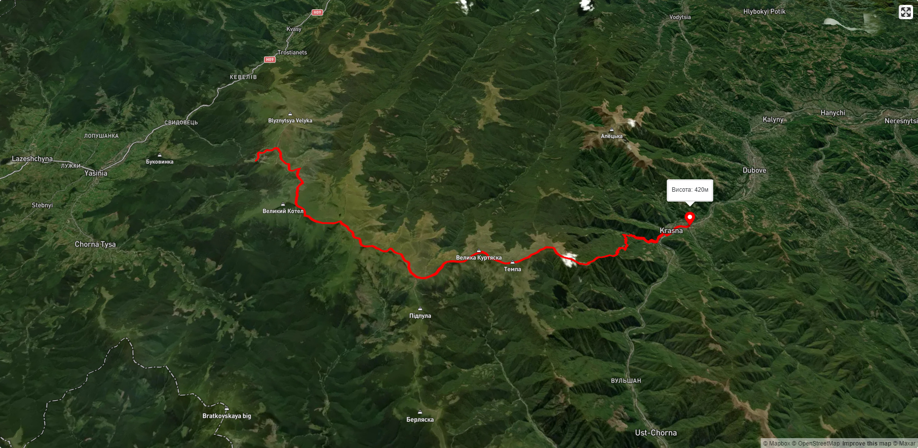 Драгобрат, через г. Стіг, г. Великий Котел, г. Унгаряска, г. Темпа до с. Красна