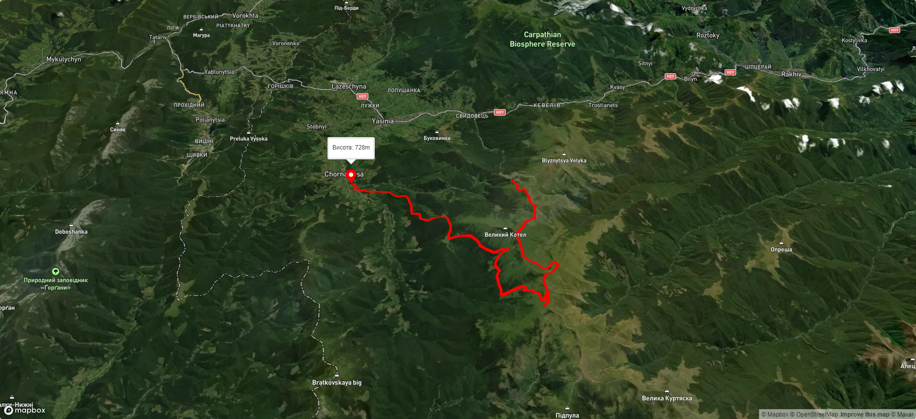 Драгобрат, через г. Великий Котел, г. Логяска, г. Трояска до с. Чорна Тиса