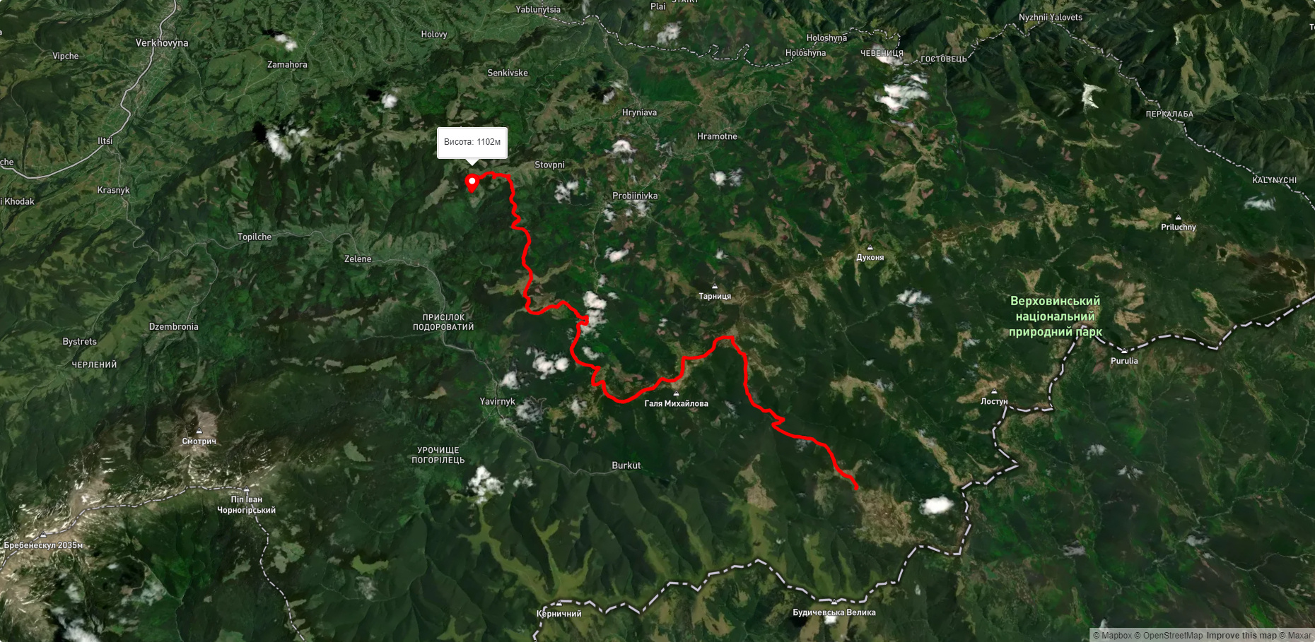 г. Чивчин, через хр. Пнєв'є, хр. Ватунарка, г. Баба-Людова до с. Стовпні Горішні