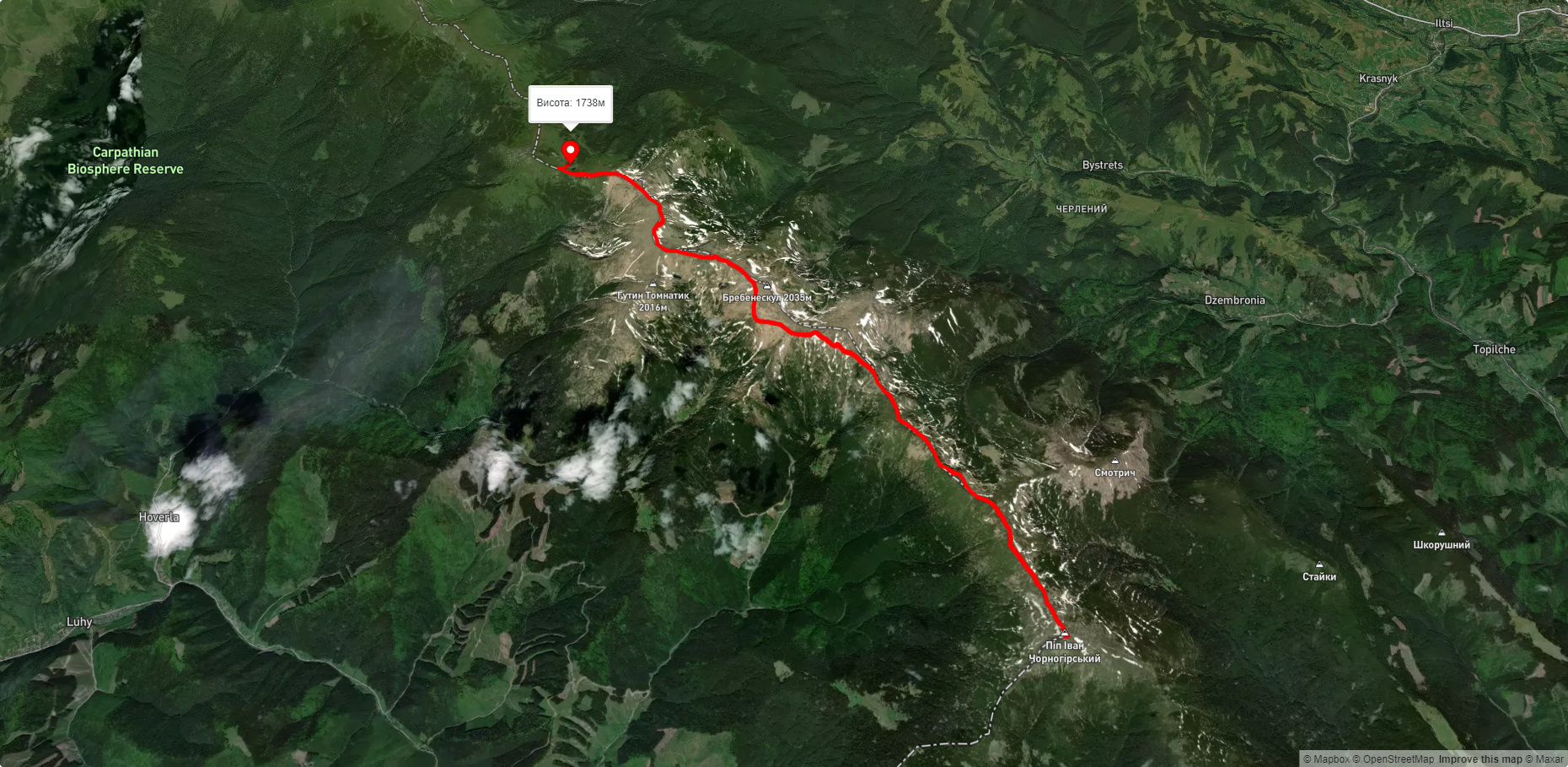 г. Пiп Iван Чорногiрський, через г. Дземброня, г. Ребра до оз. Несамовите